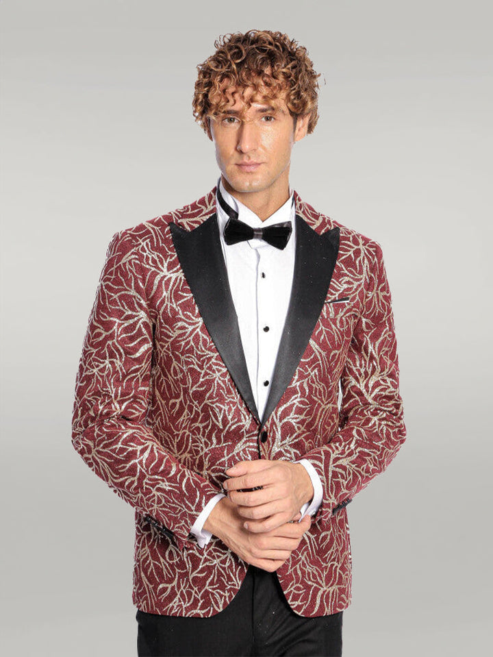 WSS Sparkling Ivy Patterned Slim Fit Burgundy Men Prom Blazer  - Singen
