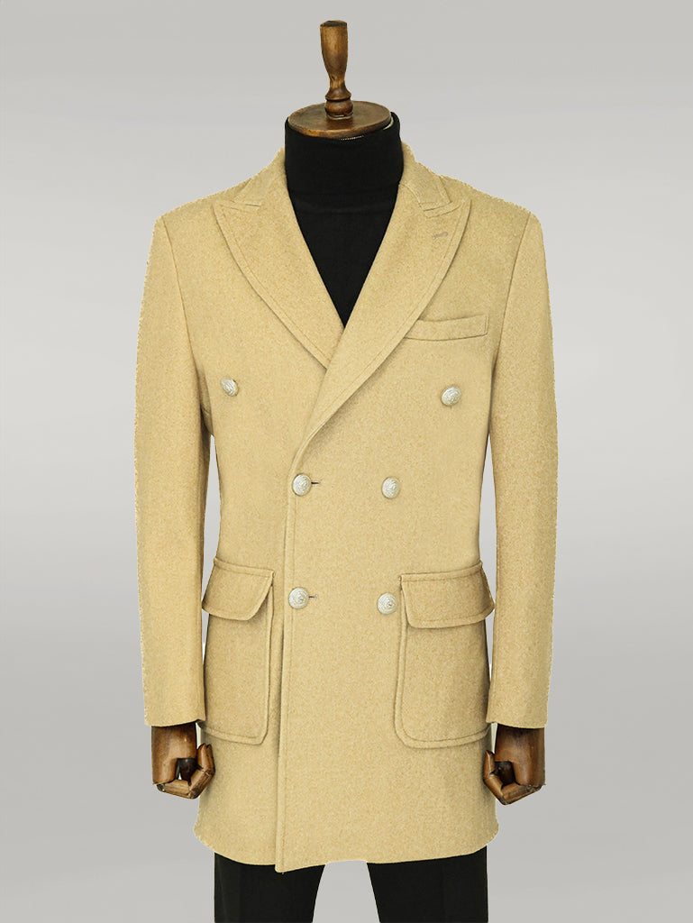 WSS Metal Buttons Wool Cashmere Beige Men Double Breasted Coat  - Singen