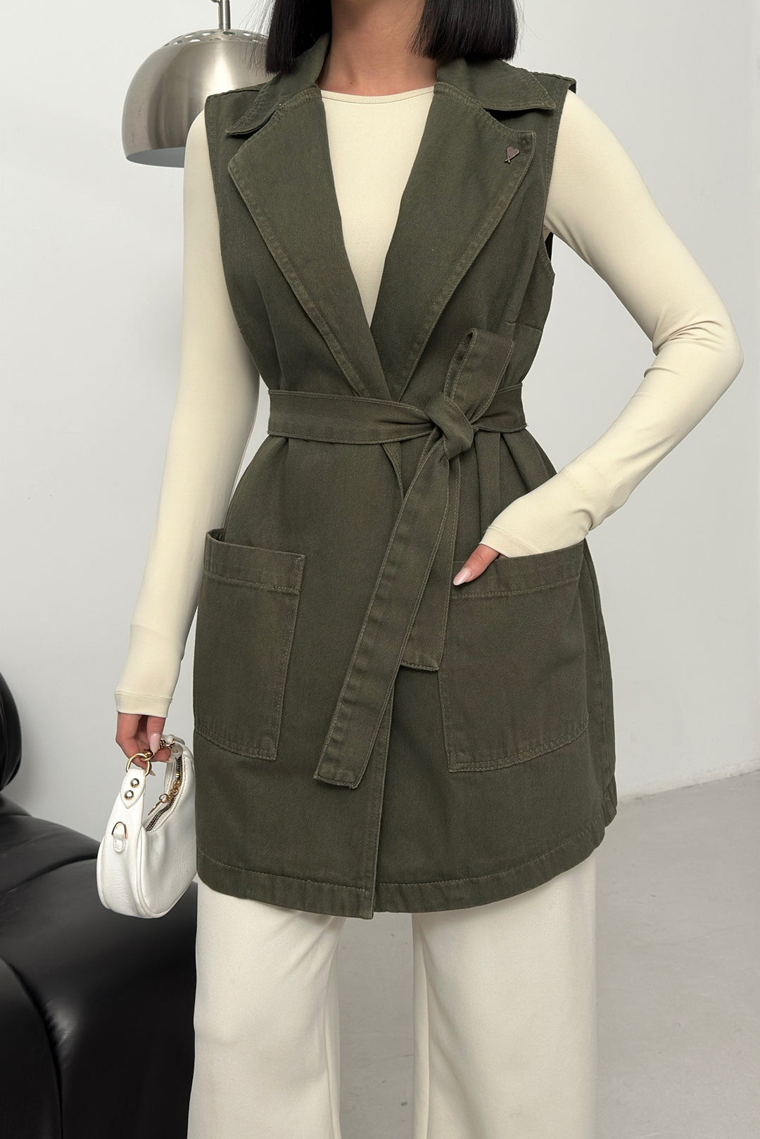 XLJ Belted and Cross Over Collar Denim Vest - Williamsburg