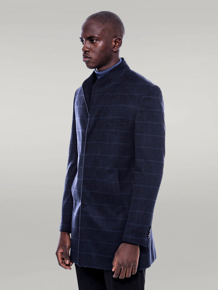 WSS Mandarin Collar Navy Checked Coat  - Singen
