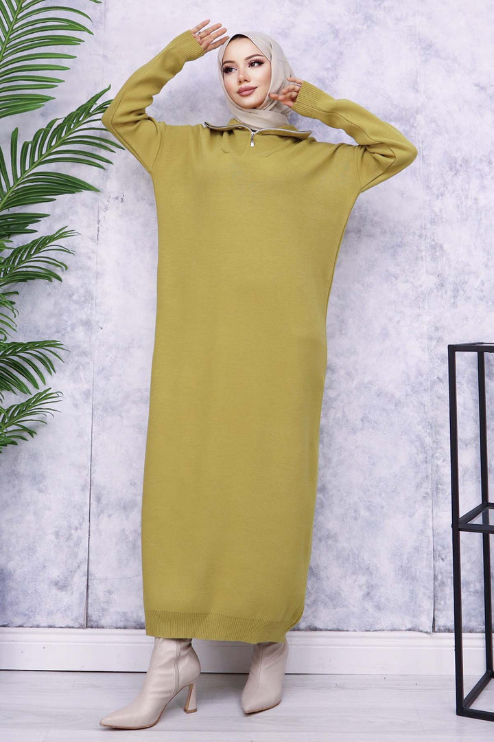 BNG Women Zippered Collar Knit Dress Olive Green - Oradea