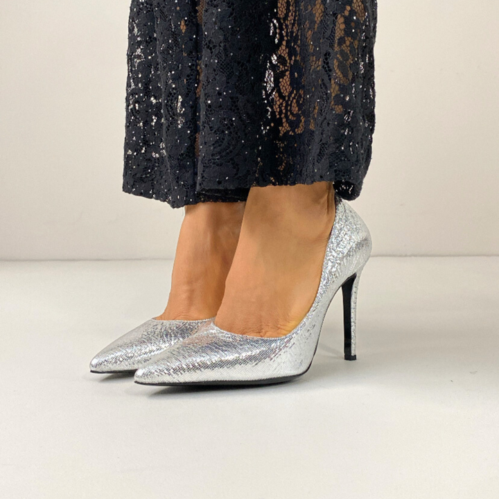 DSM Lili Stiletto Silver Silver Embossed High Heel Women's Shoe - Rome