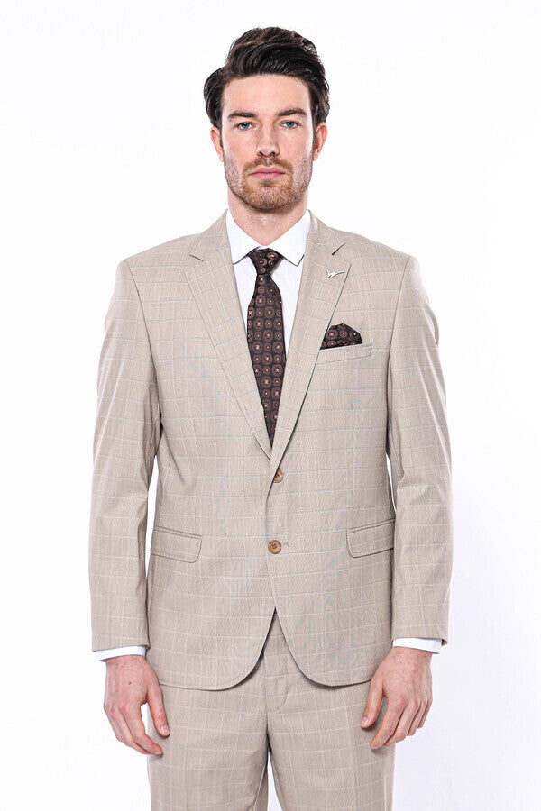 WSS 4 Drop Checked Regular Fit Beige Suit  - Bocholt