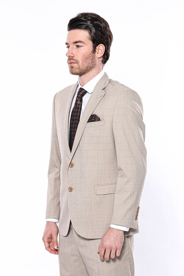 WSS 4 Drop Checked Regular Fit Beige Suit  - Valenciennes