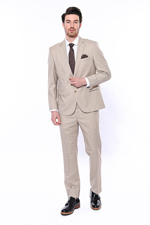 WSS 4 Drop Checked Regular Fit Beige Suit  - Bocholt