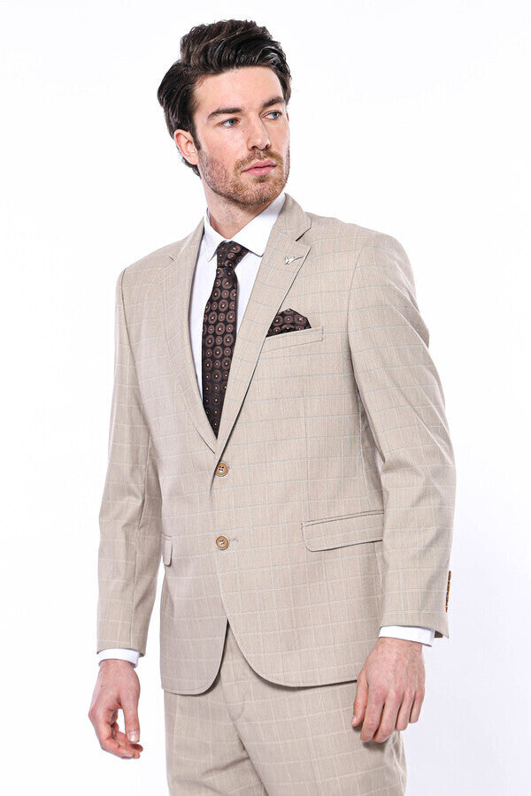 WSS 4 Drop Checked Regular Fit Beige Suit  - Valenciennes