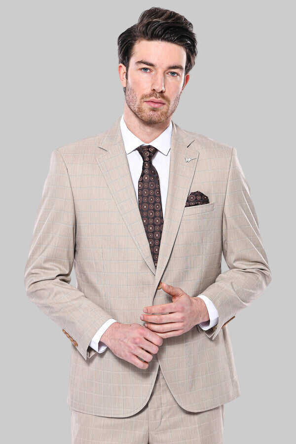 WSS 4 Drop Checked Regular Fit Beige Suit  - Bocholt