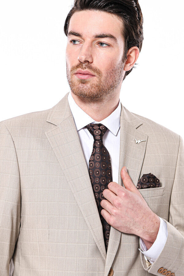 WSS 4 Drop Checked Regular Fit Beige Suit  - Bocholt