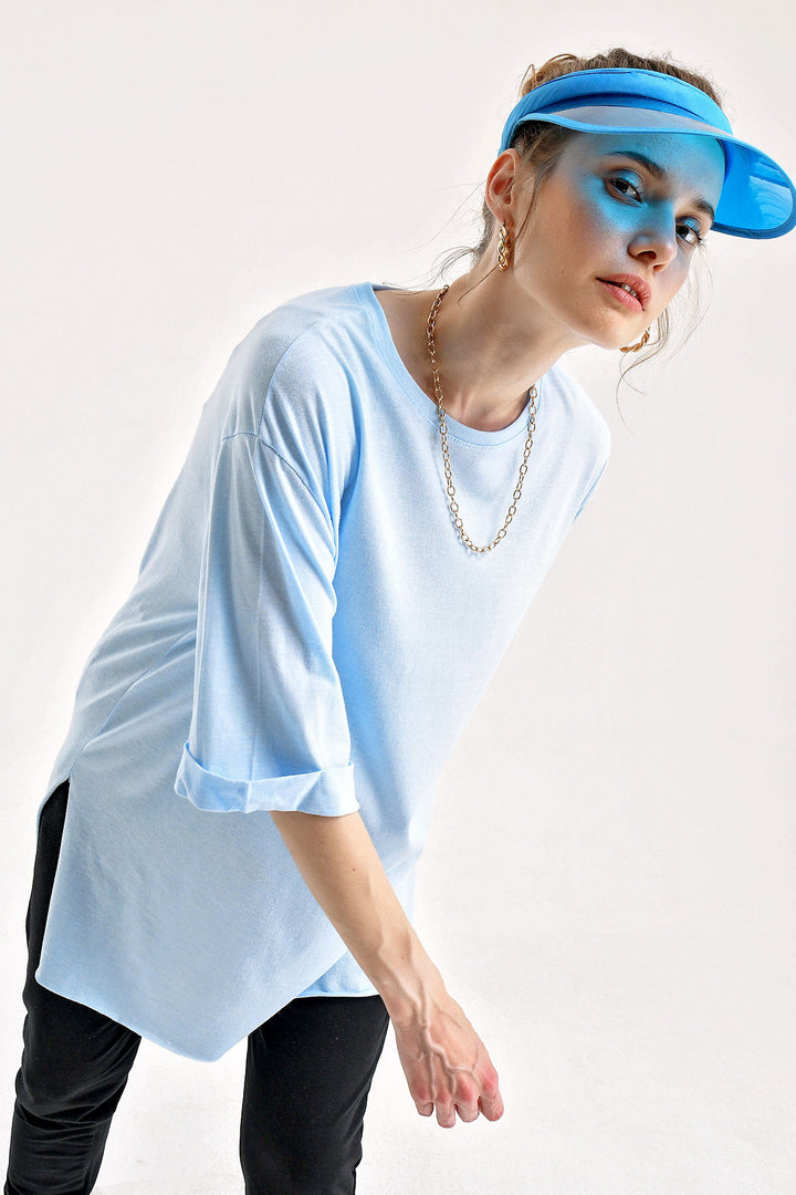 BGD Women Slit Oversized T-shirt - Blue - Cunduacán