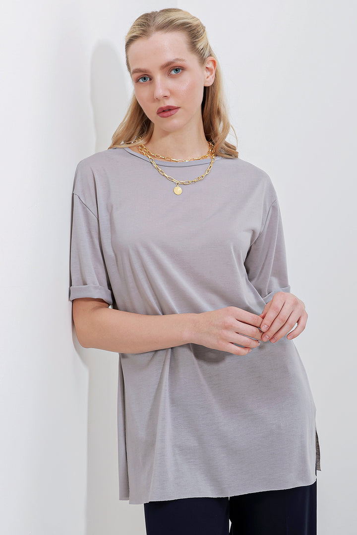 BGD Women Slit Oversized T-shirt - Gray - Avondale