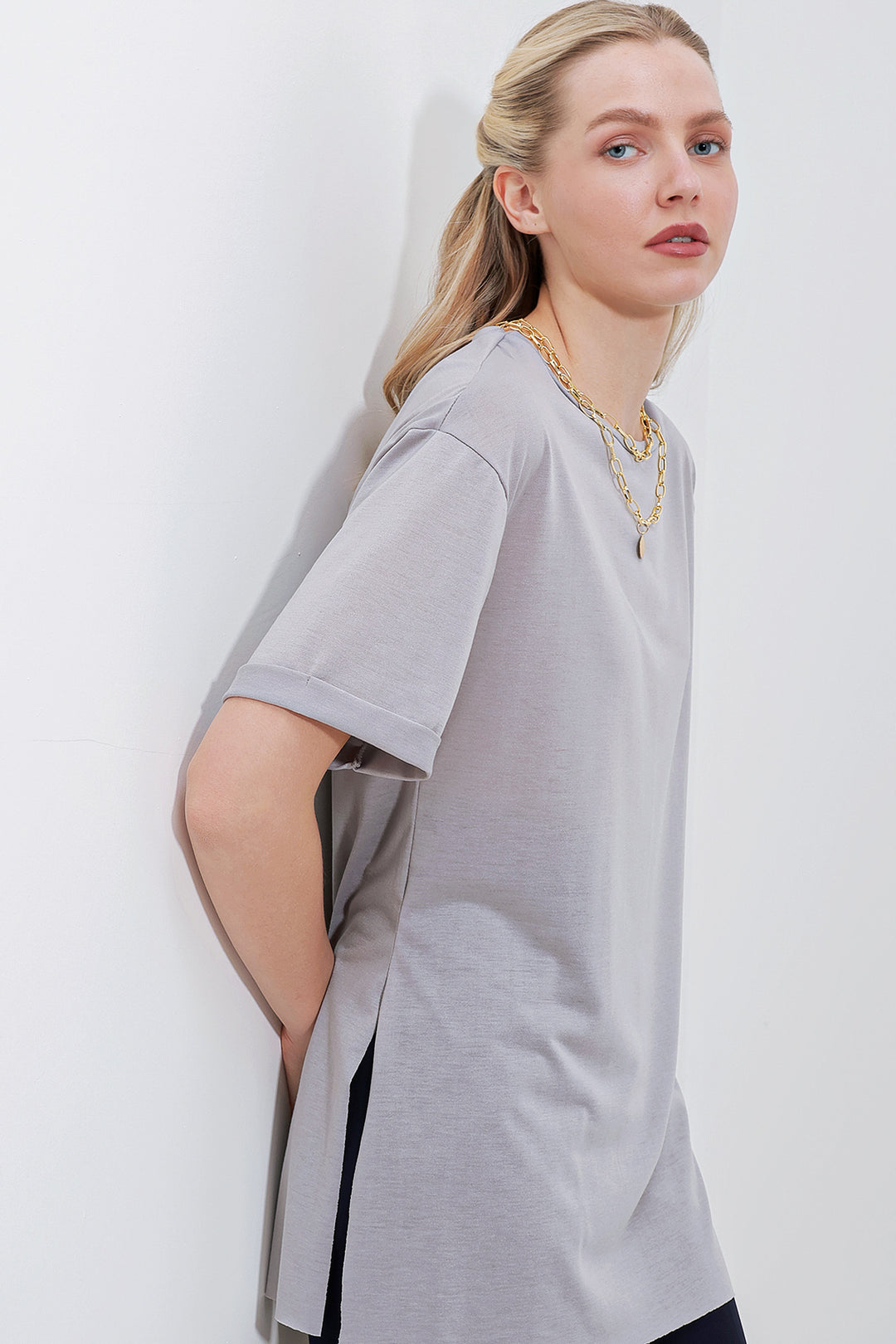 BGD Women Slit Oversized T-shirt - Gray - Avondale