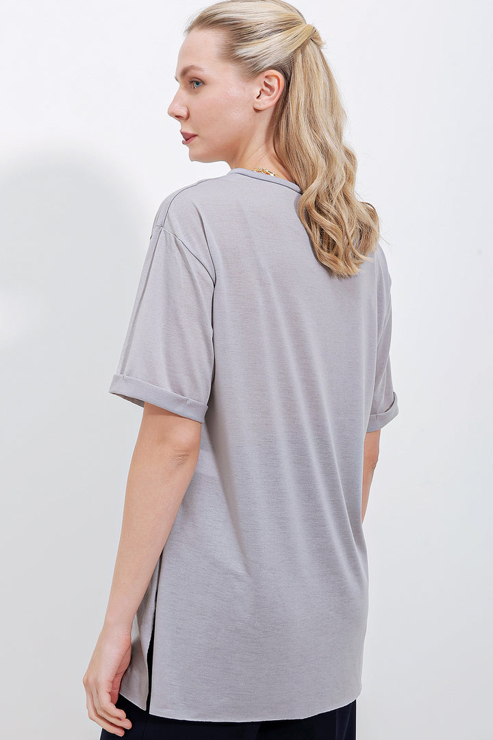 BGD Women Slit Oversized T-shirt - Gray - Avondale
