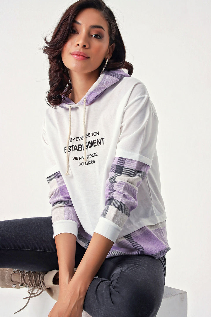 BGD Women Plaid Detailed Hooded Sweatshirt - White - Avondale