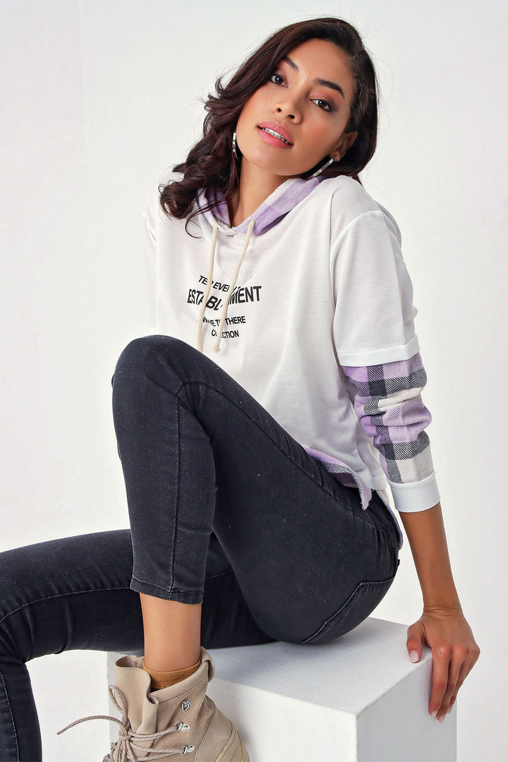 BGD Women Plaid Detailed Hooded Sweatshirt - White - Avondale