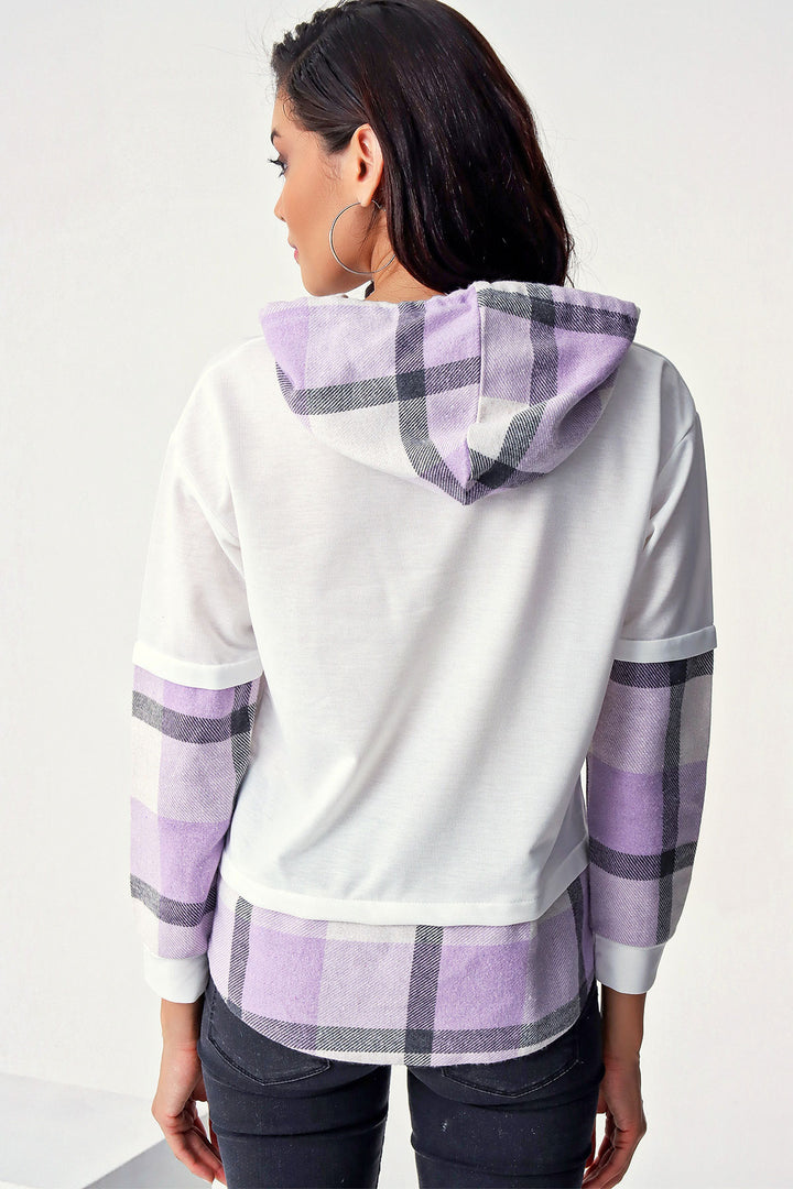BGD Women Plaid Detailed Hooded Sweatshirt - White - Avondale