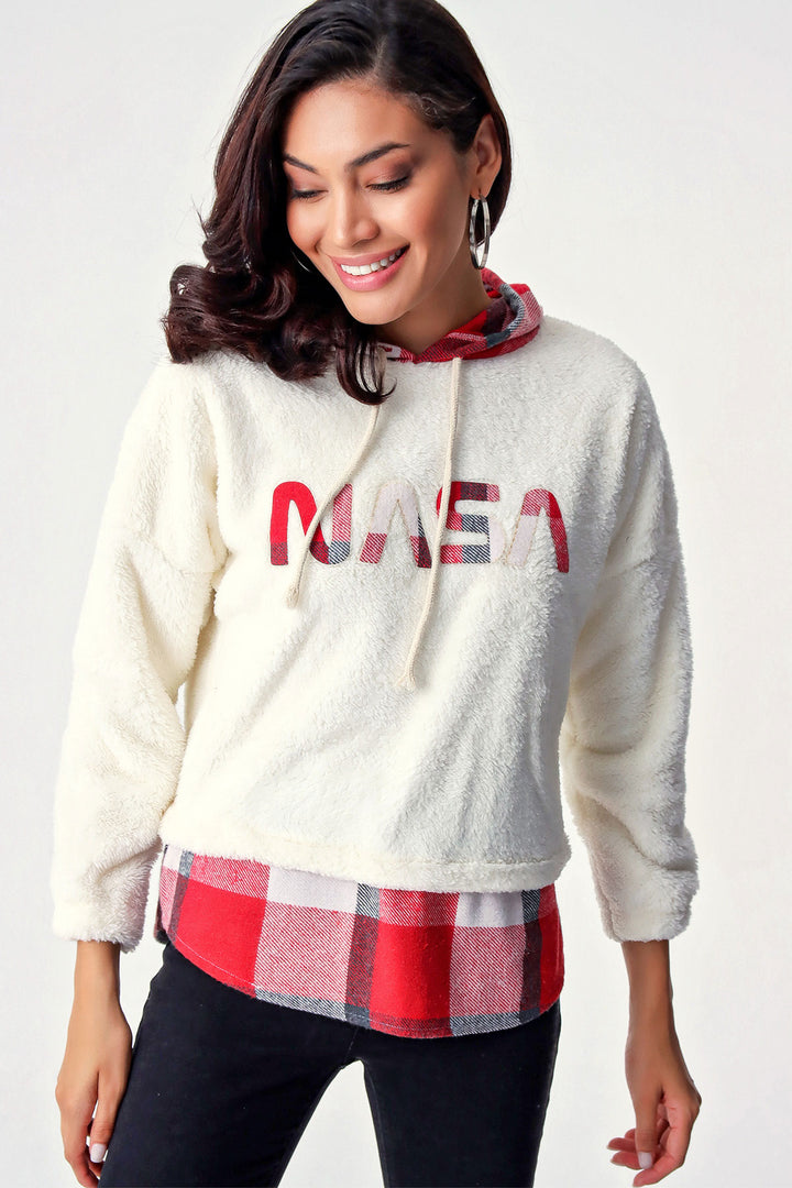 BGD Women Plaid Pattern Plush Sweatshirt - White - San Marcos
