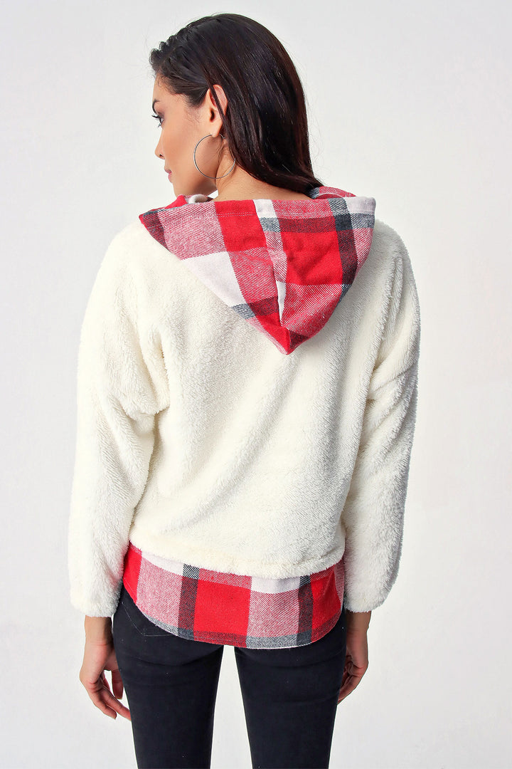 BGD Women Plaid Pattern Plush Sweatshirt - White - San Marcos