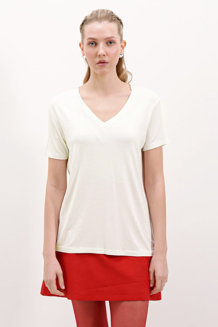 BGD Women V Neck Oversized T-Shirt - White - Avondale