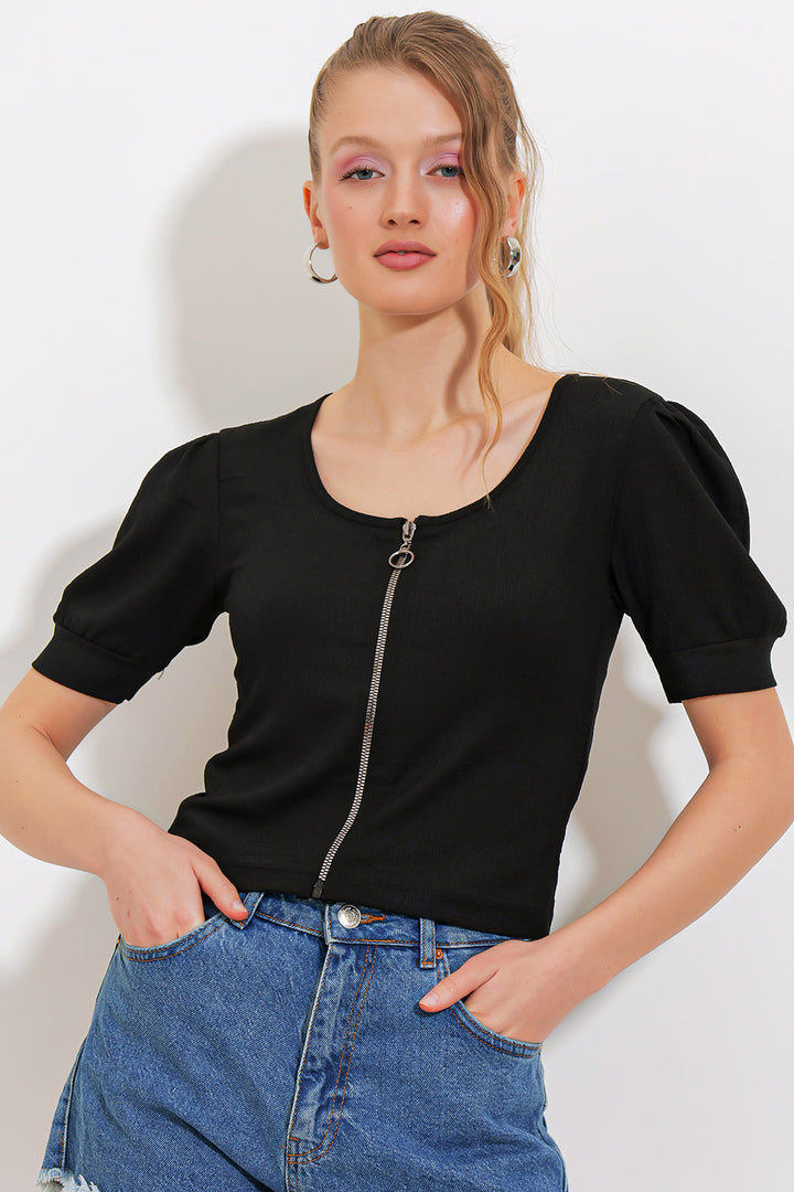 BGD Women Woman Black Zippered Knitted Blouse 4316 - Avondale