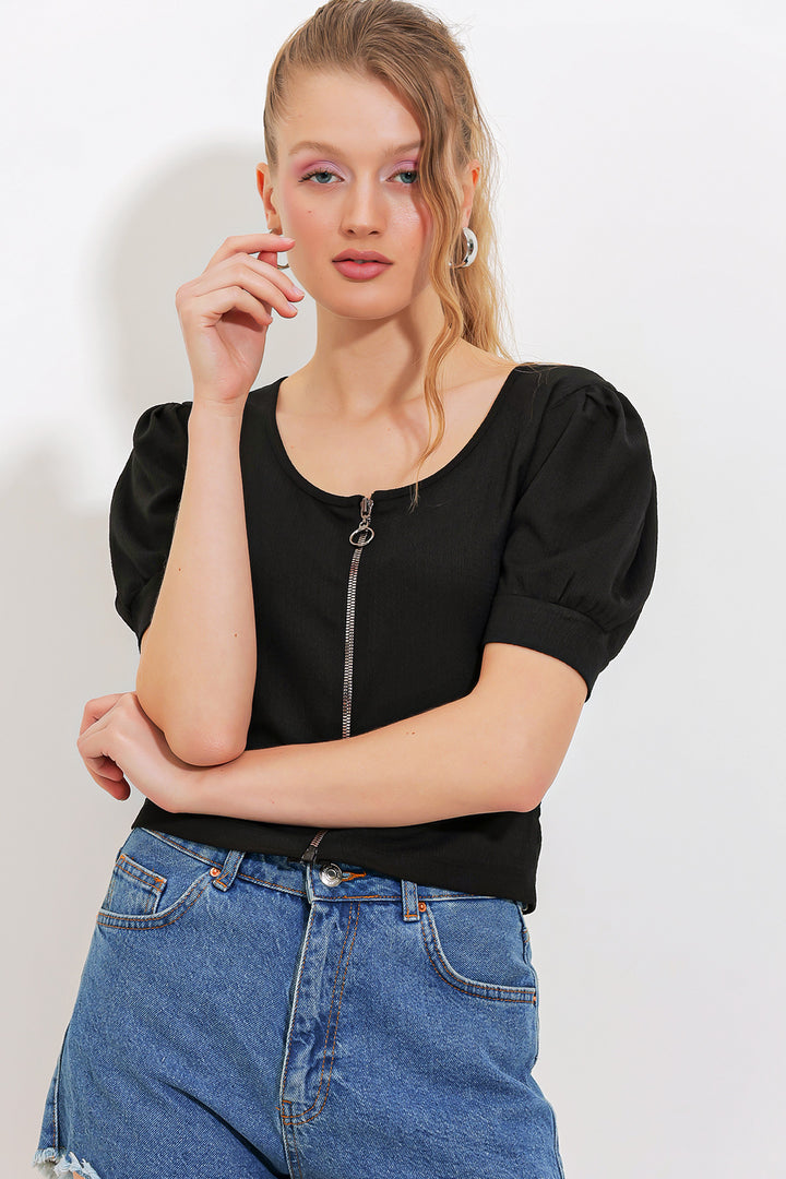BGD Women Woman Black Zippered Knitted Blouse 4316 - Avondale