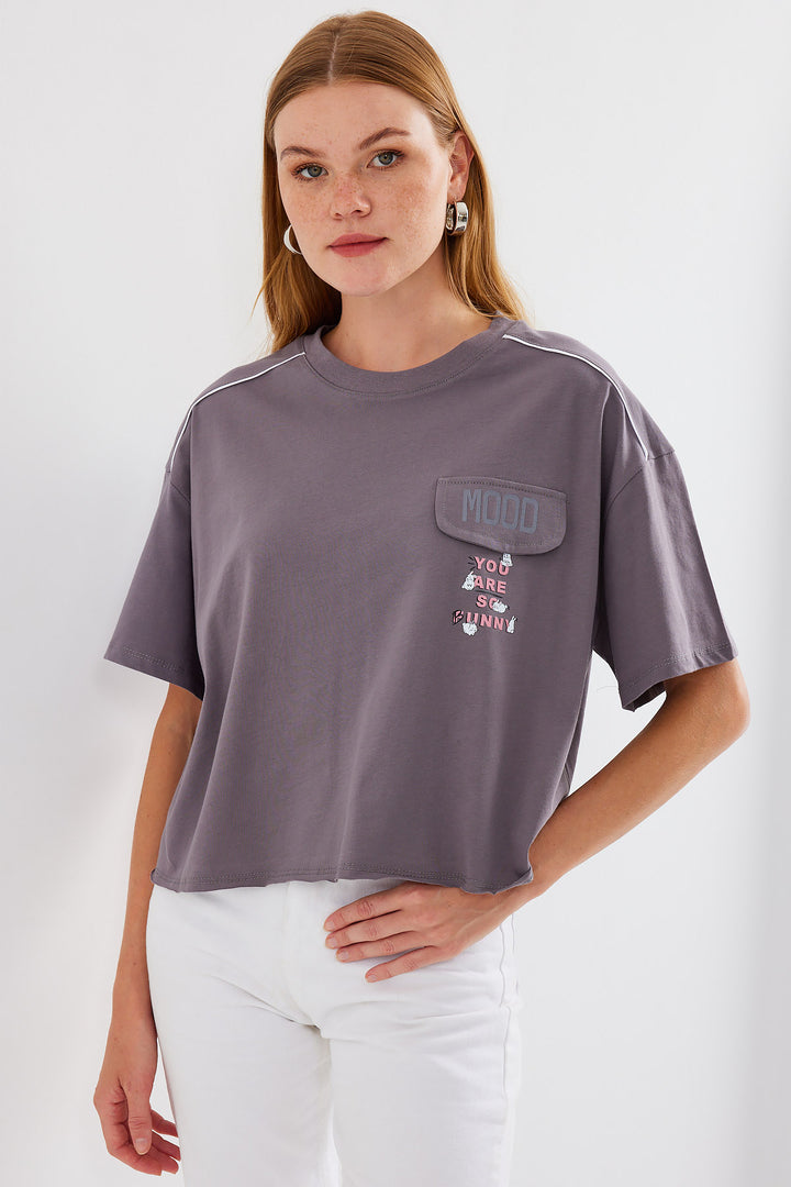 BGD Women Pocket Detailed Oversized T-shirt - Gray - Avondale