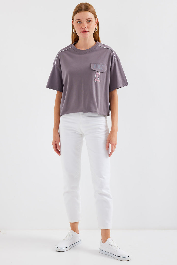 BGD Women Pocket Detailed Oversized T-shirt - Gray - Avondale