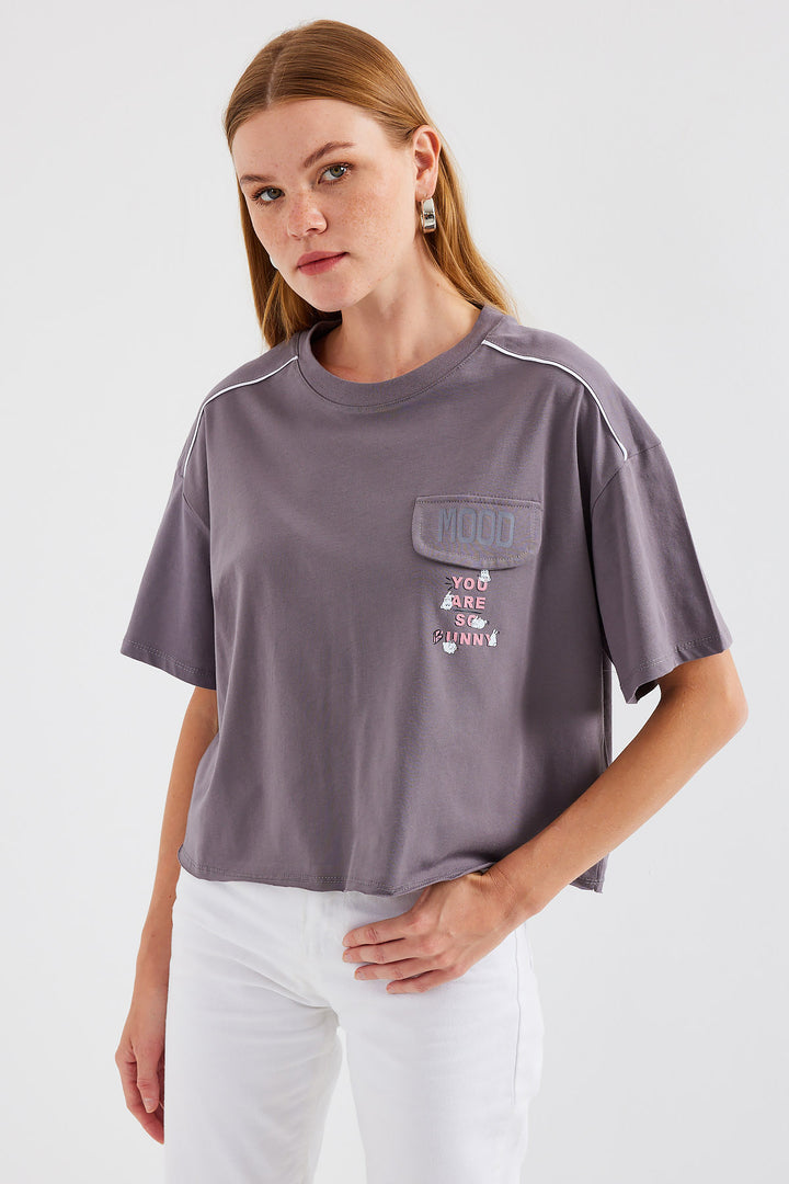BGD Women Pocket Detailed Oversized T-shirt - Gray - Avondale