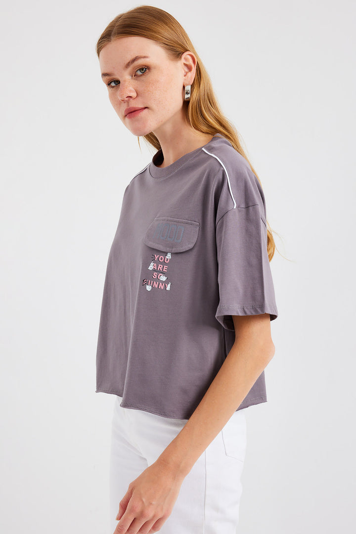 BGD Women Pocket Detailed Oversized T-shirt - Gray - Avondale