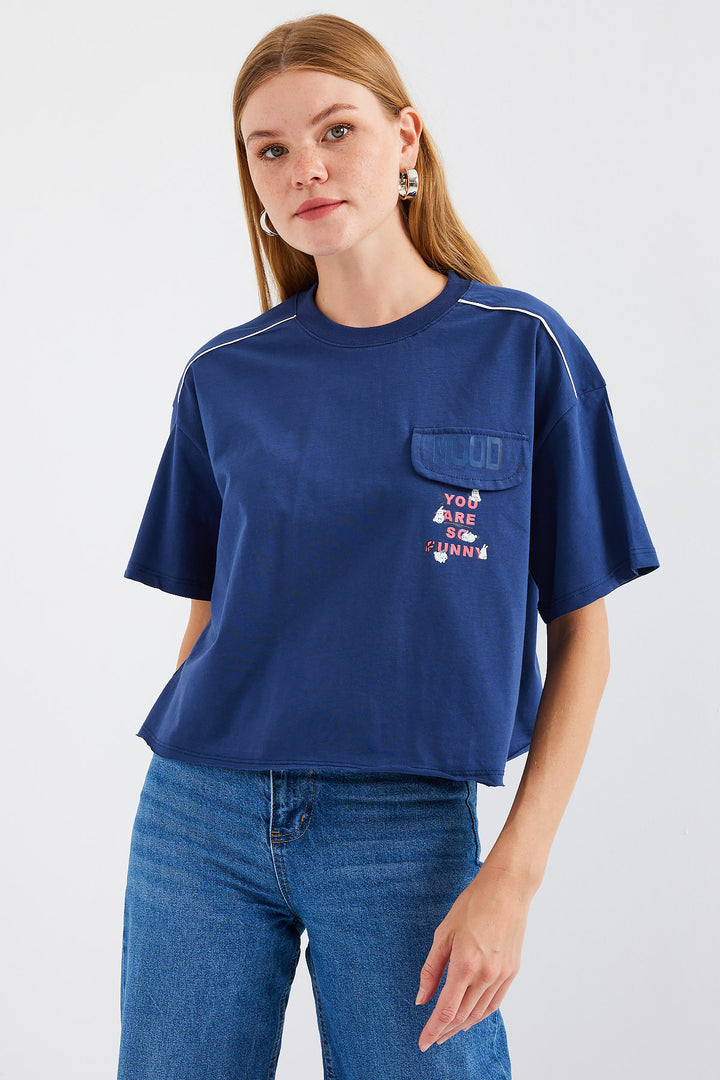 BGD Women Mobile Detailed Oversized T-shirt - Navy Blue - Avondale