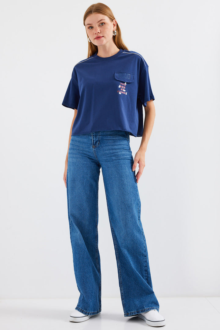 BGD Women Mobile Detailed Oversized T-shirt - Navy Blue - Avondale