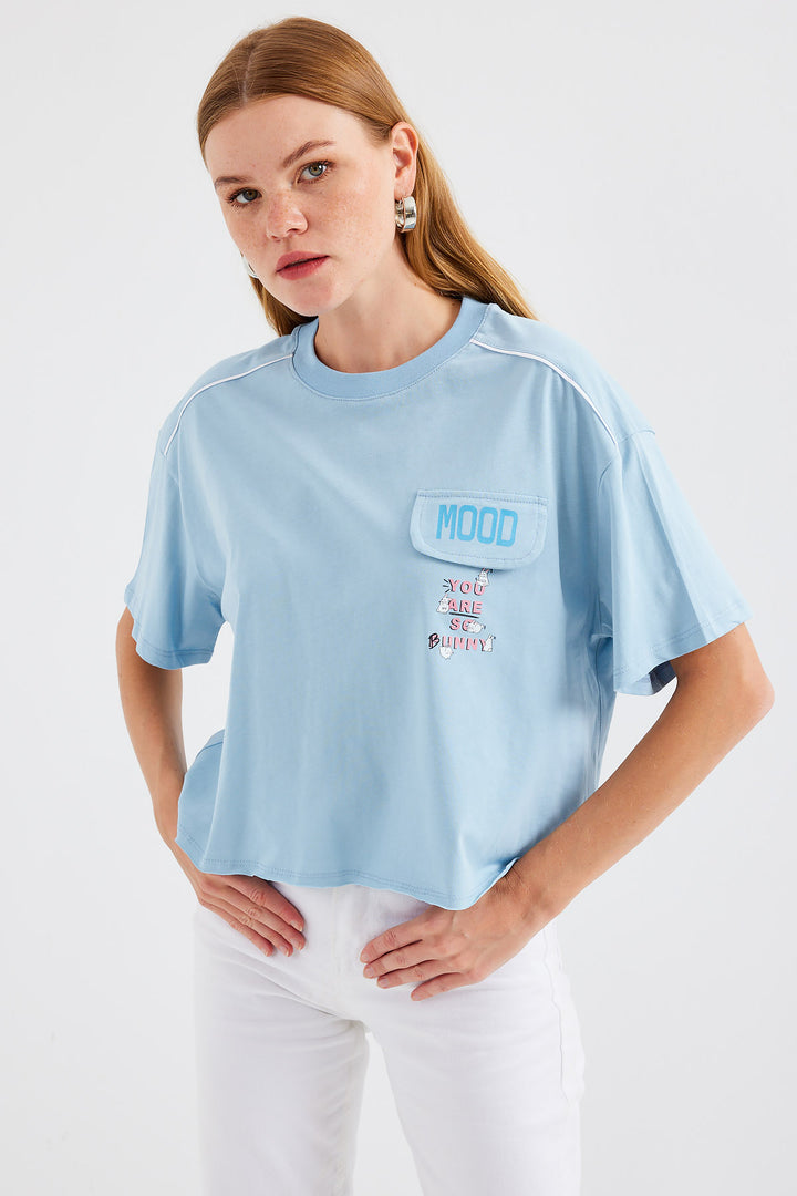 BGD Women Pocket Detailed Oversized T-shirt - Blue - Avondale