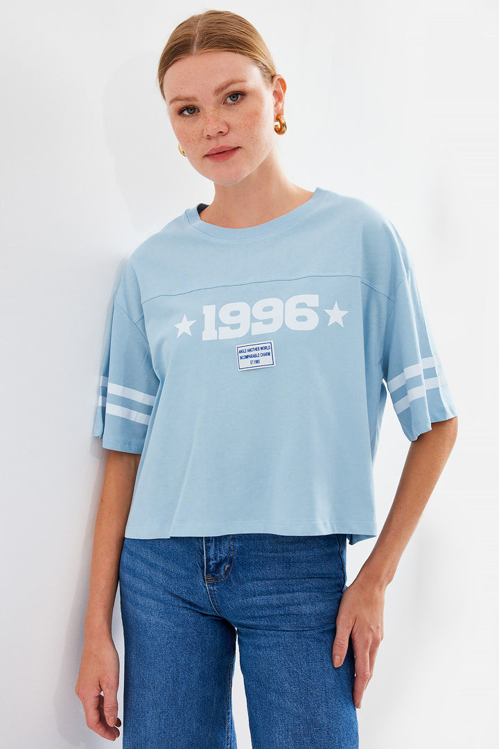 BGD Women Printed Oversize Basic T-shirt - Blue - Avondale