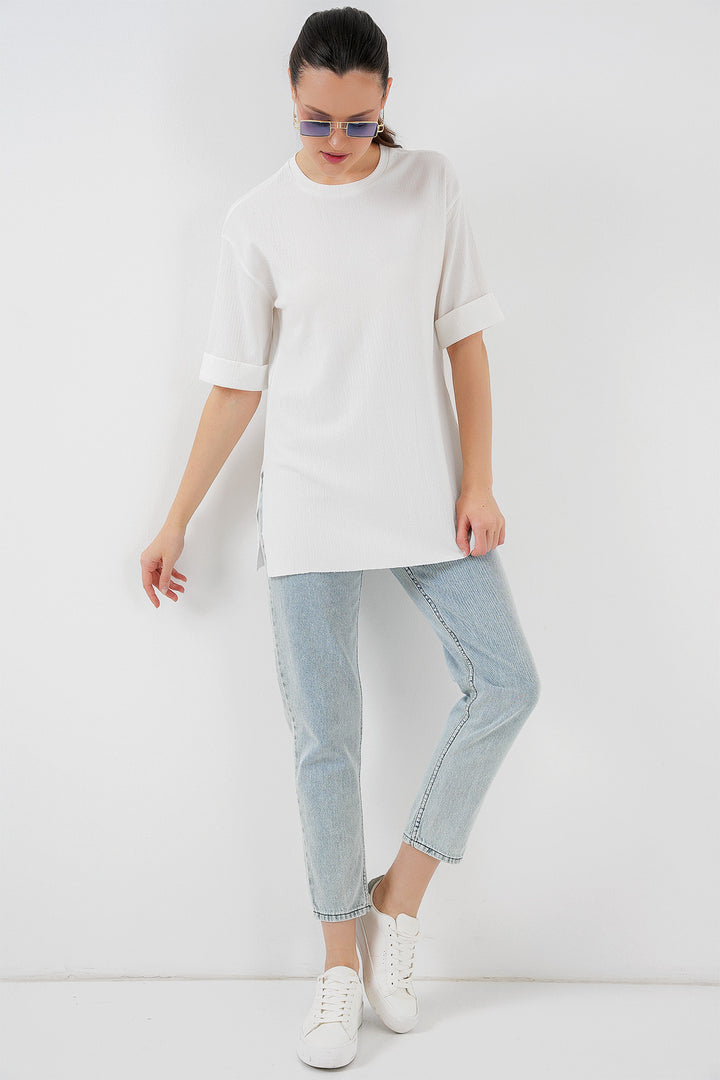 BGD Women Side Slit Knit T-shirt - White - Kryvyi Rih
