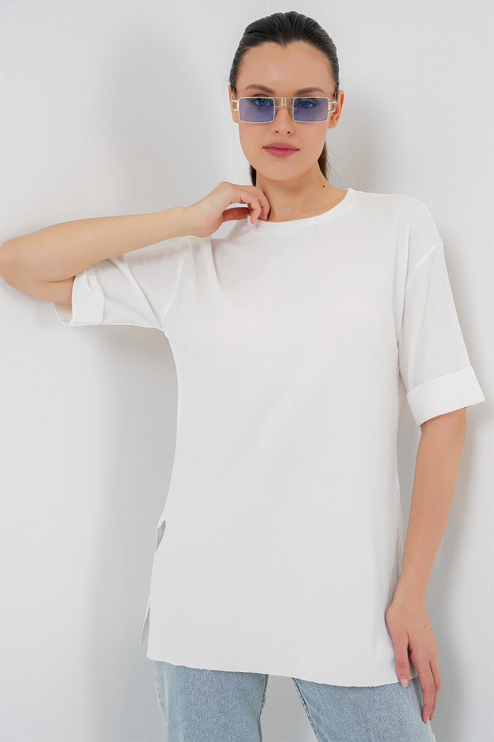 BGD Women Side Slit Knit T-shirt - White - Kryvyi Rih