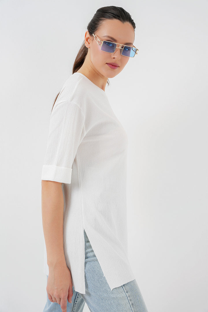 BGD Women Side Slit Knit T-shirt - White - Kryvyi Rih