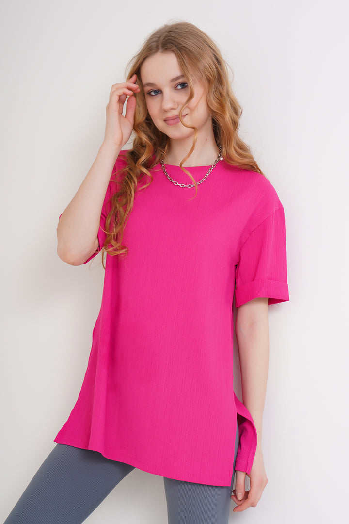 BGD Women Side Slit Knitted T-Shirt - Fuchsia - Hoboken
