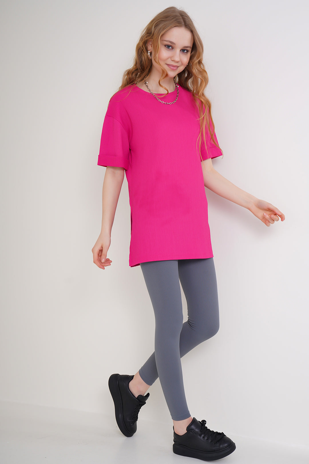 BGD Women Side Slit Knitted T-Shirt - Fuchsia - Hoboken