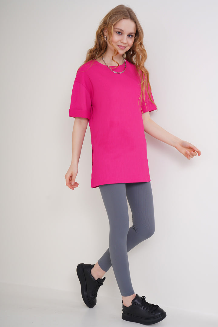 BGD Women Side Slit Knitted T-Shirt - Fuchsia - Hoboken
