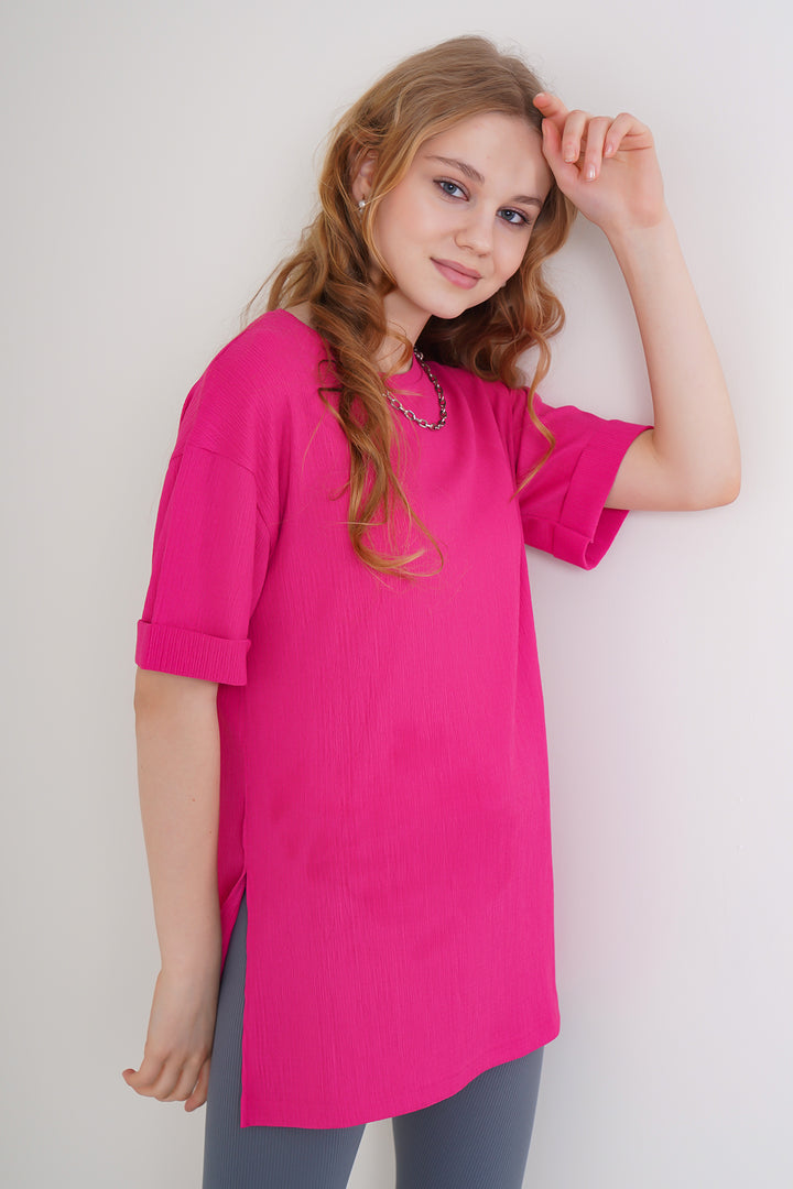 BGD Women Side Slit Knitted T-Shirt - Fuchsia - Hoboken