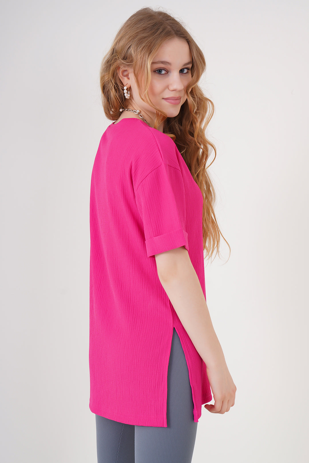 BGD Women Side Slit Knitted T-Shirt - Fuchsia - Hoboken