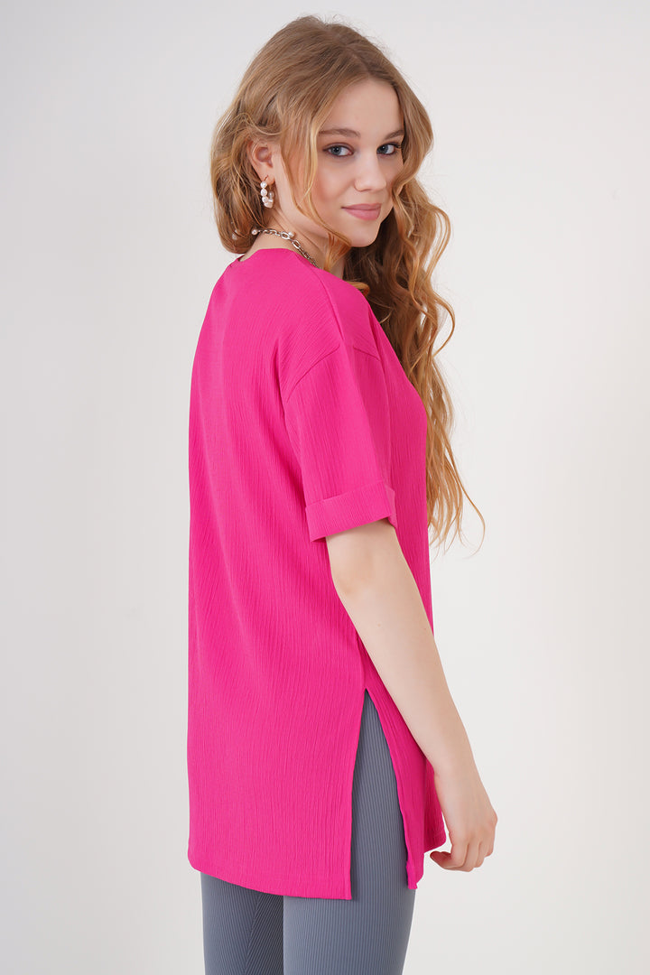 BGD Women Side Slit Knitted T-Shirt - Fuchsia - Hoboken