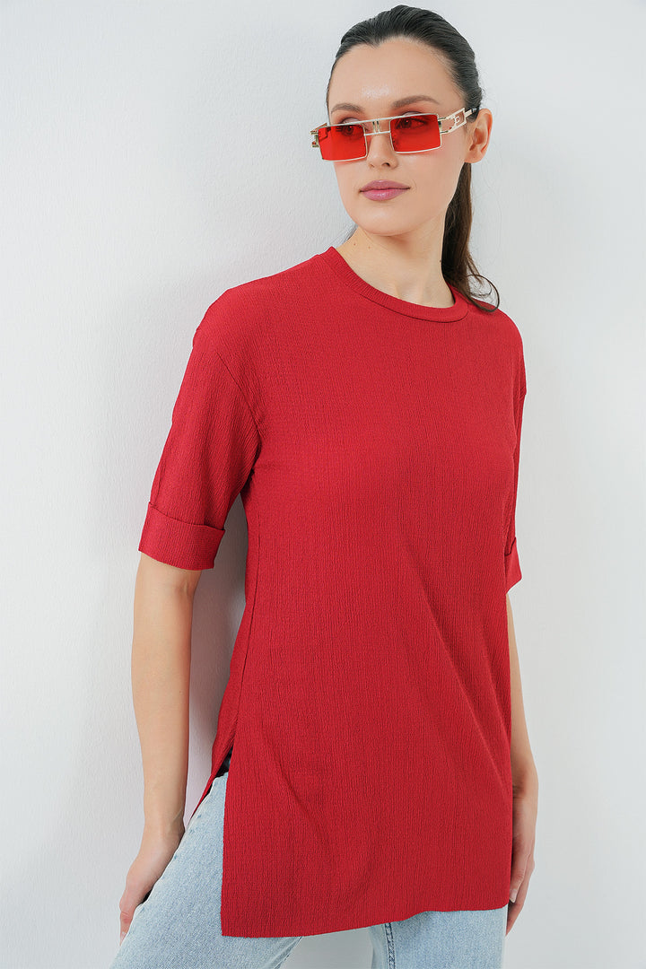 BGD Women Side Slit Knit T-Shirt - Red - Tulancingo