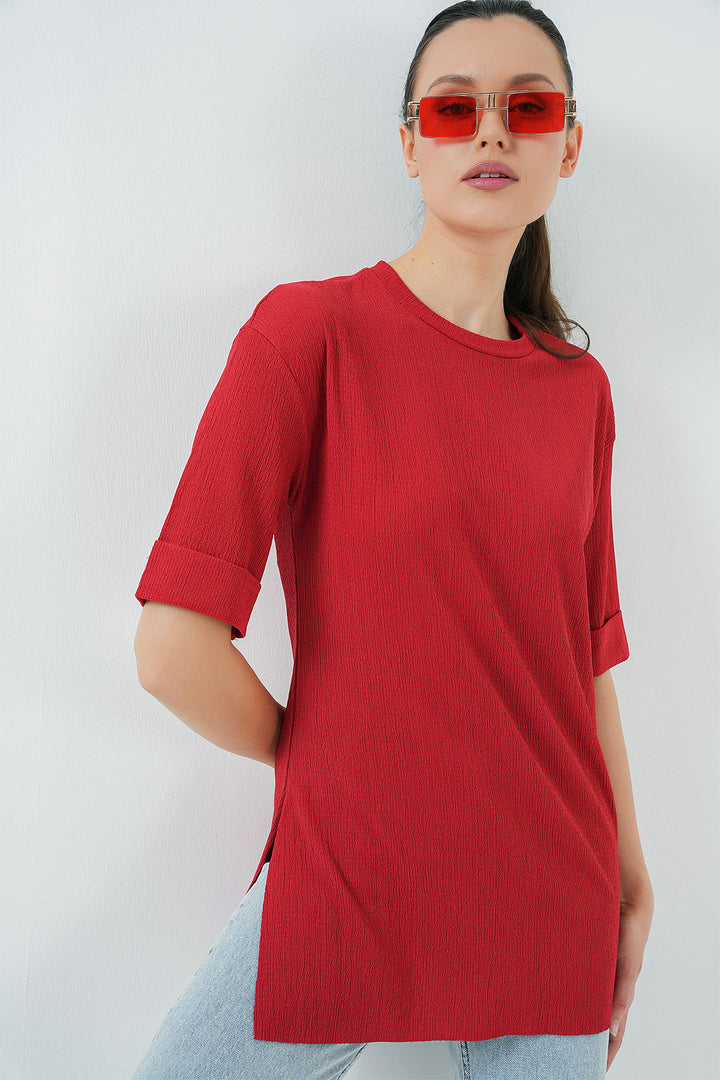 BGD Women Side Slit Knit T-Shirt - Red - Tulancingo