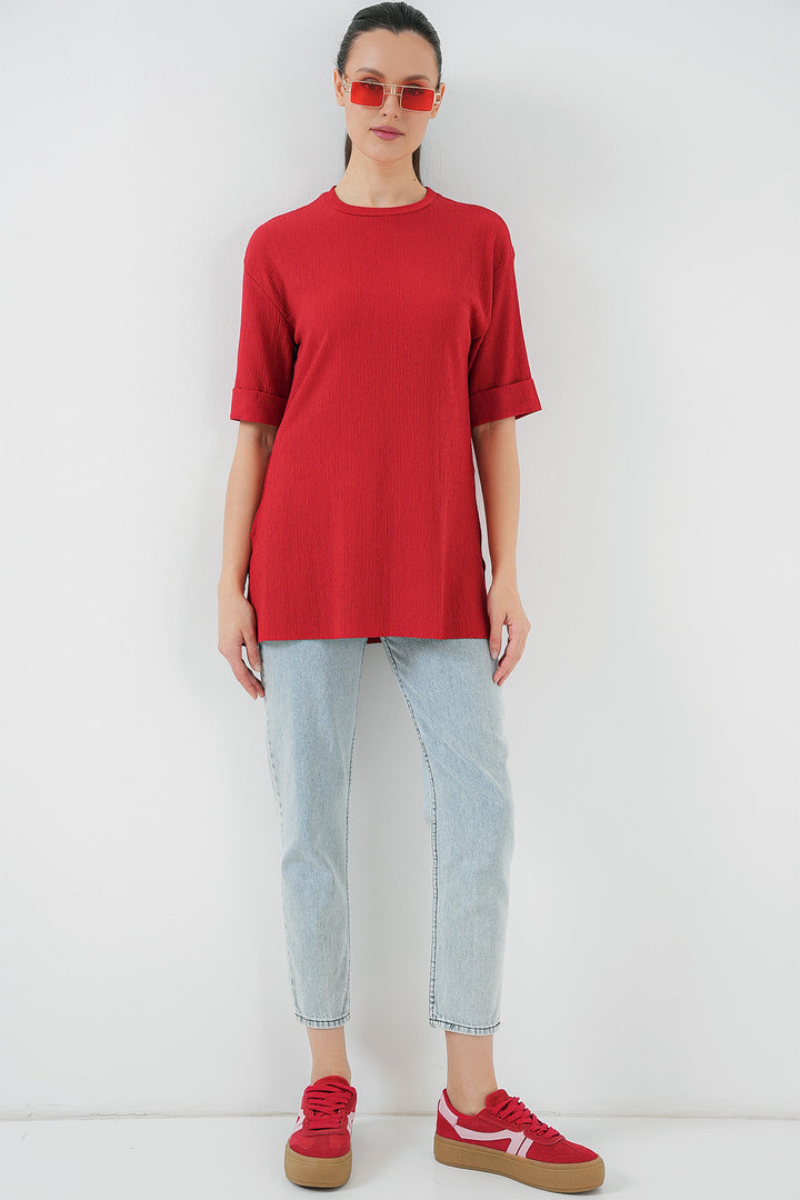 BGD Women Side Slit Knit T-Shirt - Red - Tulancingo