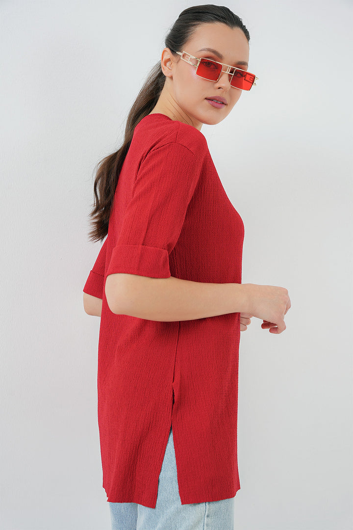BGD Women Side Slit Knit T-Shirt - Red - Tulancingo