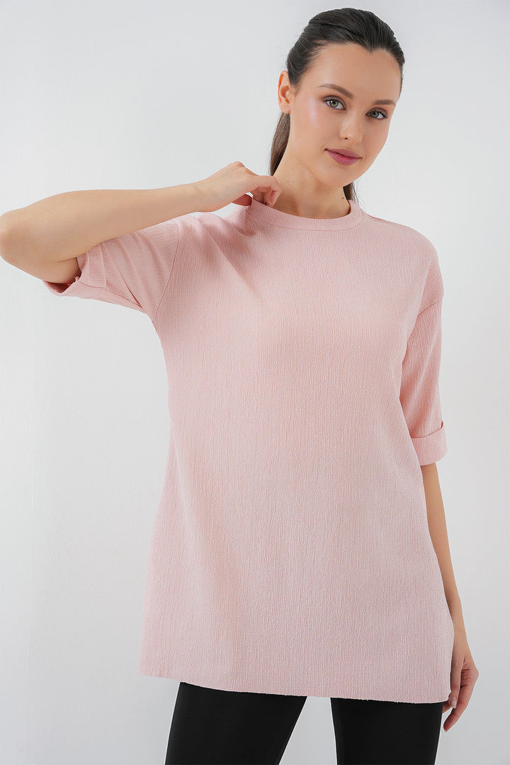 BGD Women Side Slit Knitted T-Shirt - Powder - Sabinas