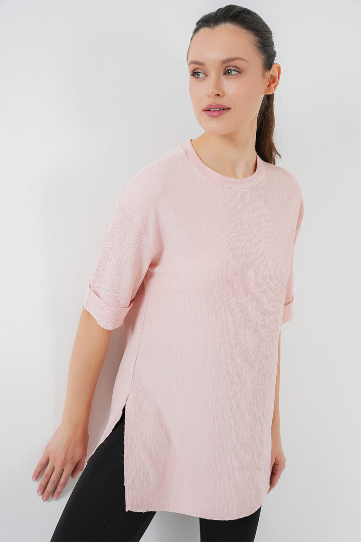 BGD Women Side Slit Knitted T-Shirt - Powder - Sabinas