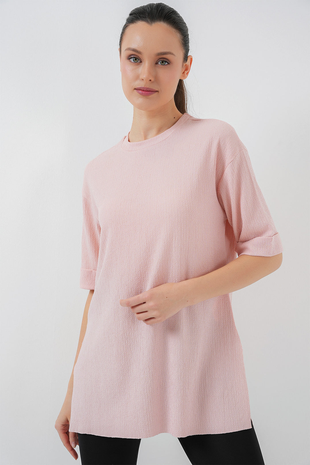 BGD Women Side Slit Knitted T-Shirt - Powder - Sabinas
