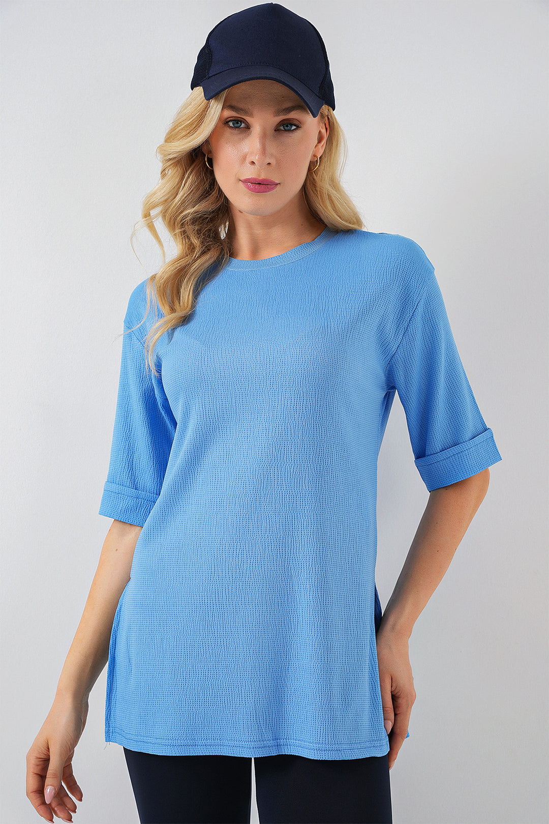 BGD Women Side Slit Knitted T-shirt - Navy Blue - Cologno Monzese