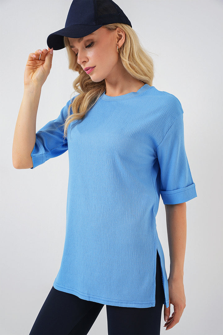 BGD Women Side Slit Knitted T-shirt - Navy Blue - Cologno Monzese